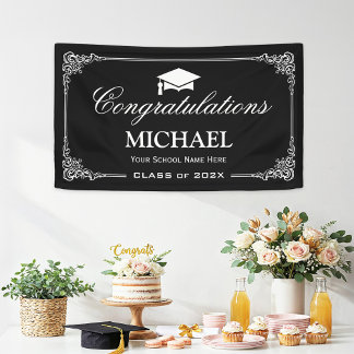 Classy Black White Vintage Frame Graduation Party Banner
