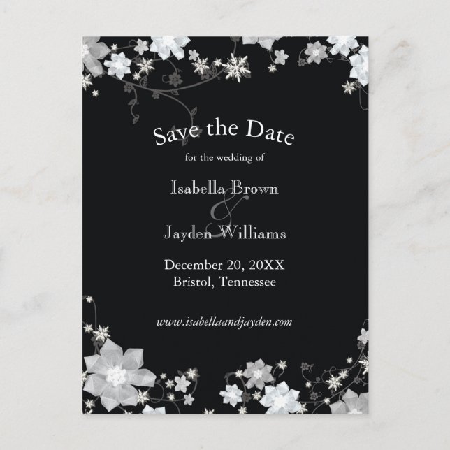 Classy Black + White Winter Wedding Save the Date Announcement Postcard (Front)