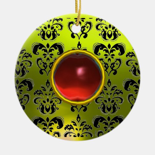 CLASSY BLACK YELLOW DAMASK GEM STONE CERAMIC ORNAMENT