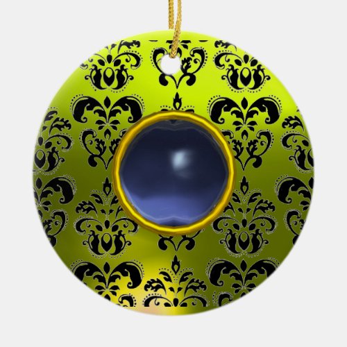 CLASSY BLACK YELLOW DAMASK GEM STONE CERAMIC ORNAMENT