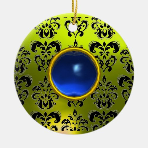 CLASSY BLACK YELLOW DAMASK GEM STONE CERAMIC ORNAMENT