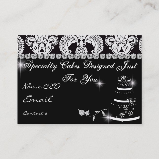 Classy Bling BAKERY Business Card Damask Design (Front)