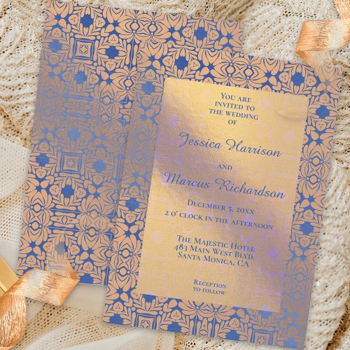 Classy Blue and Gold Foil Floral Patterned Wedding Invitation
