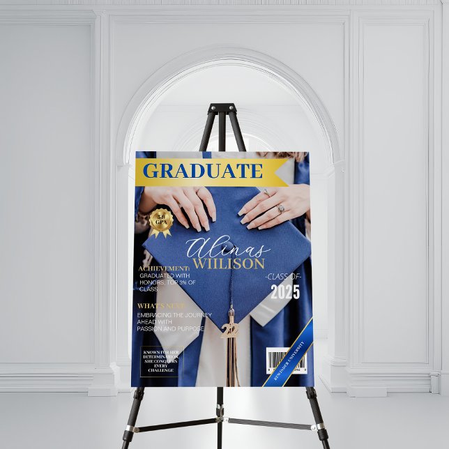 Classy blue and gold magazine graduation photo foam board (Creator Uploaded)