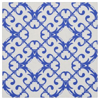 Classy Blue And White Azulejo Tiles Damask Pattern Fabric