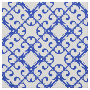 Classy Blue And White Azulejo Tiles Damask Pattern Fabric