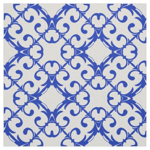 Classy Blue And White Azulejo Tiles Damask Pattern Fabric