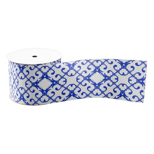 Classy Blue And White Azulejo Tiles Damask Pattern Grosgrain Ribbon