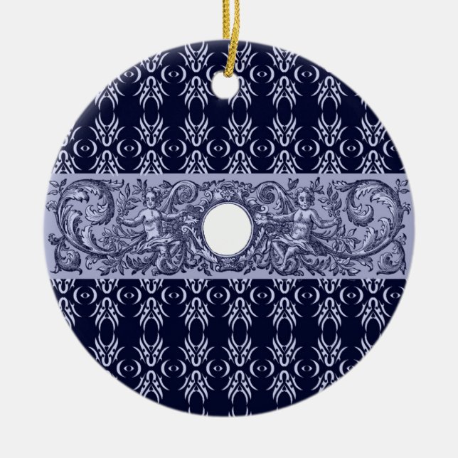 Classy Blue Baroque Pattern by LeahG - cherubs Ceramic Ornament (Front)