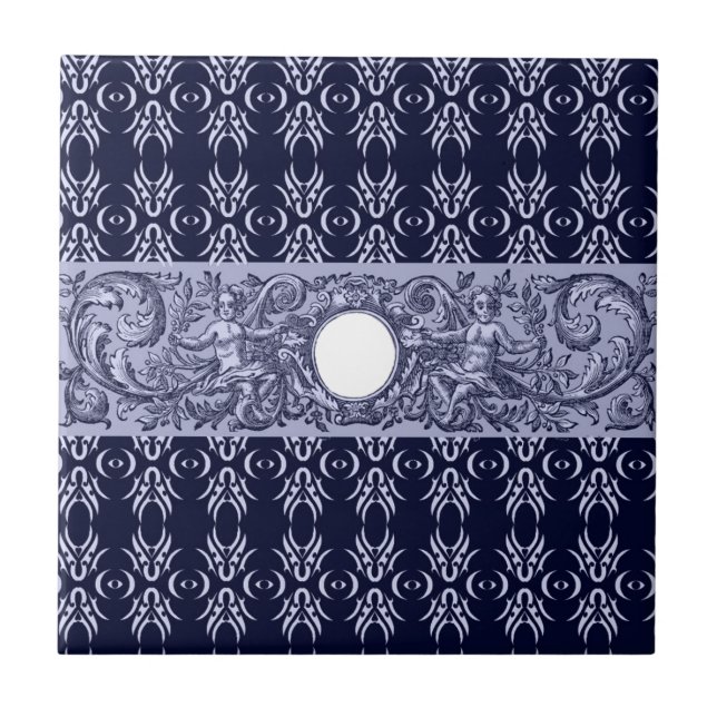Classy Blue Baroque Pattern by LeahG - cherubs Ceramic Tile (Front)