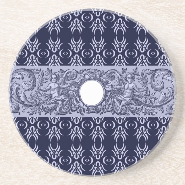 Classy Blue Baroque Pattern by LeahG - cherubs Drink Coaster (Front)
