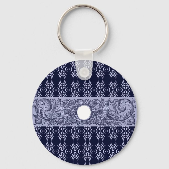 Classy Blue Baroque Pattern by LeahG - cherubs Keychain (Front)