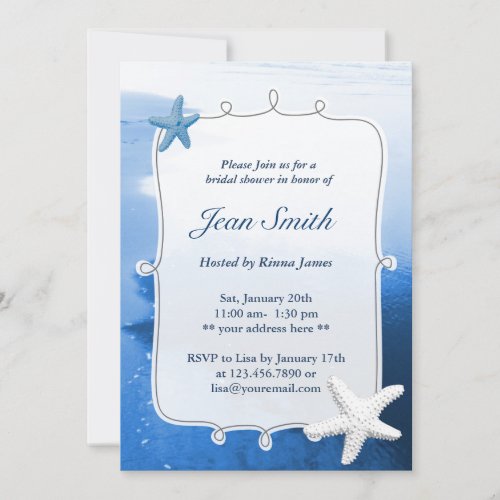 Classy Blue Beach &amp; Starfish Bridal Shower Invite