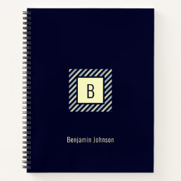 Classy Blue Beige Monogram Stripe Minimal Custom Notebook