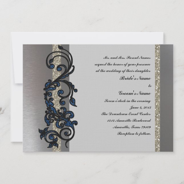 Classy Blue Black Silver Fancy Wedding Invitation (Front)