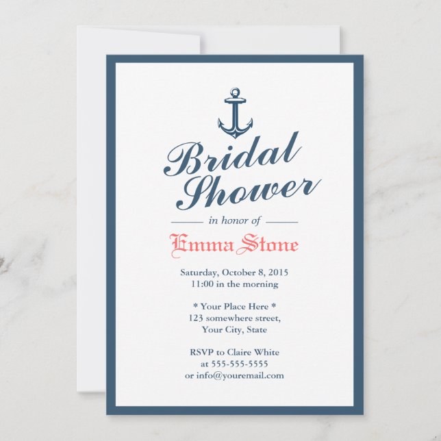 Classy Blue Border Nautical Anchor Bridal Shower Invitation (Front)