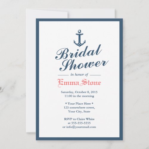 Classy Blue Border Nautical Anchor Bridal Shower 5x7 Paper Invitation Card
