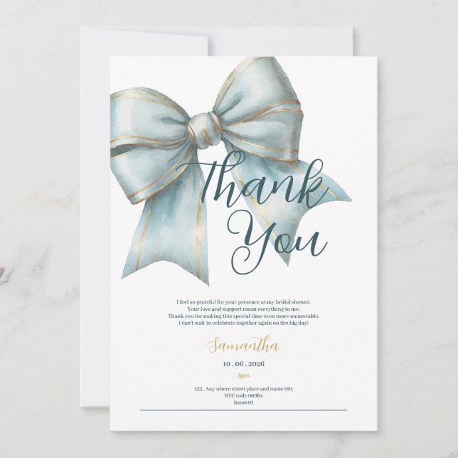 classy blue bow bridal shower thank you card (Front)