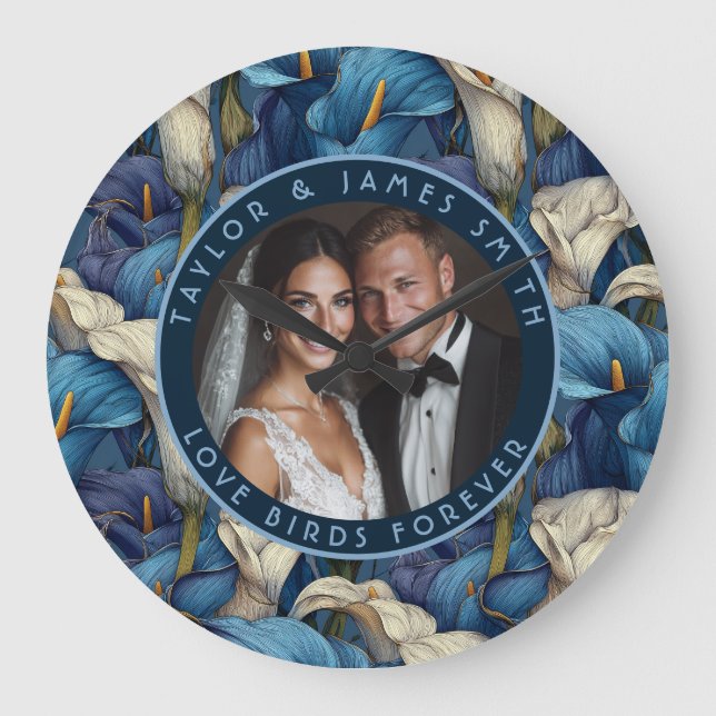 Classy Blue Calla Lilies Modern Wedding Large Clock (Front)