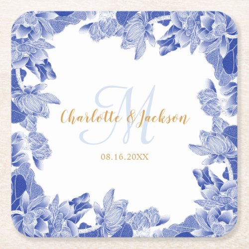 Classy Blue Chinoiseri Floral Wedding Couple Name  Square Paper Coaster