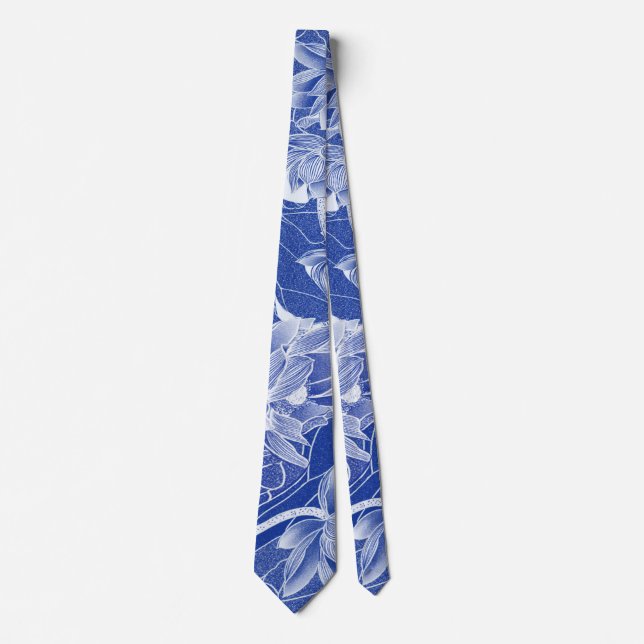 Classy Blue Chinoiserie Chic Blue Lotus Floral Neck Tie (Front)
