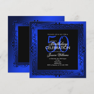 Classy Blue Decorative Framed 50th Birthday Invitation
