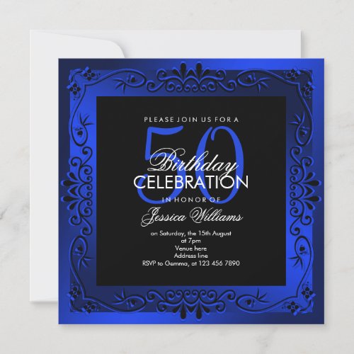 Classy Blue Decorative Framed 50th Birthday Invitation