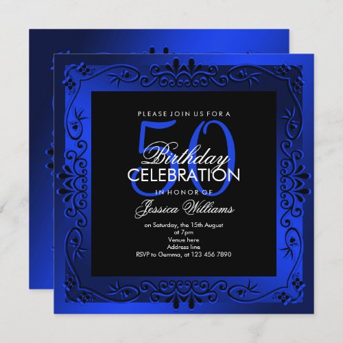 Classy Blue Decorative Framed 50th Birthday Invitation