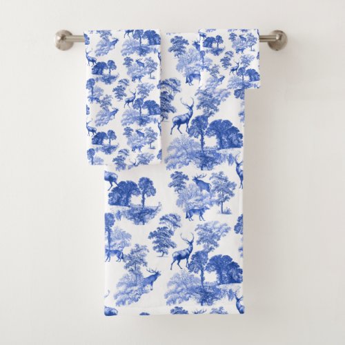 Classy Blue French Toile Deer Forest Countryside Bath Towel Set
