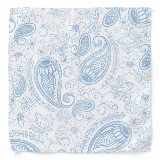 Classy Blue Glitter Paisley Floral White Pattern Bandana (Front)