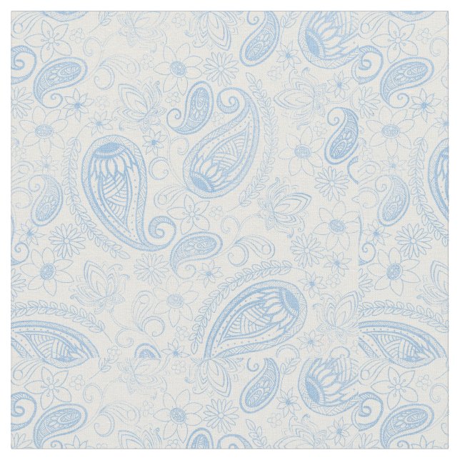 Classy Blue Glitter Paisley Floral White Pattern Fabric (Close Up)