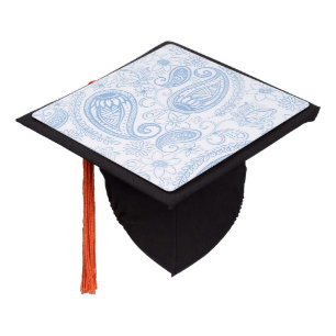 Classy Blue Glitter Paisley Floral White Pattern Graduation Cap Topper