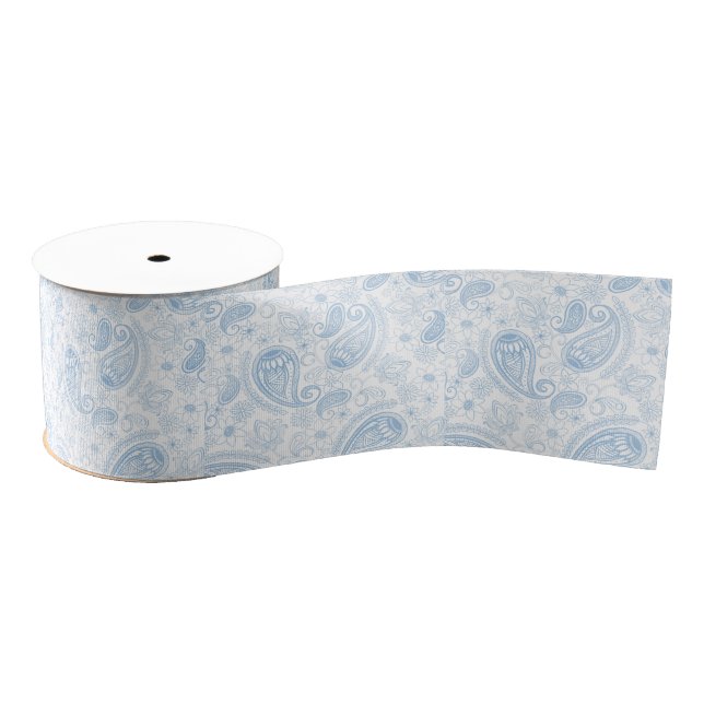 Classy Blue Glitter Paisley Floral White Pattern Grosgrain Ribbon (Spool)