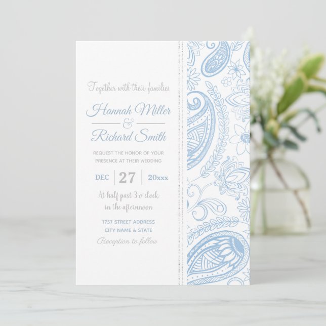 Classy Blue Glitter Paisley Floral White Pattern Invitation (Standing Front)