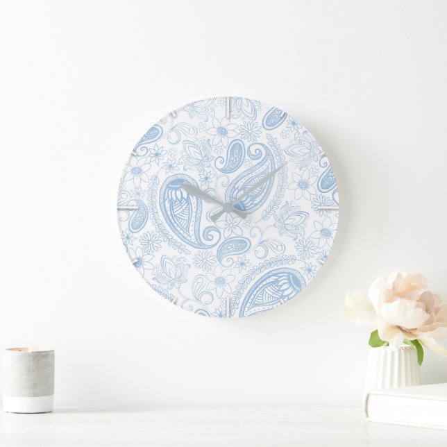 Classy Blue Glitter Paisley Floral White Pattern Large Clock (Home)
