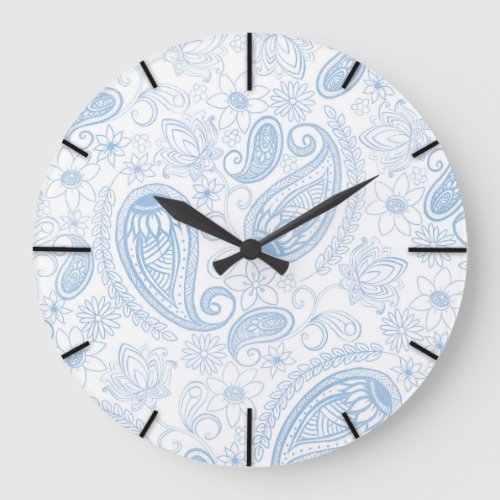 Classy Blue Glitter Paisley Floral White Pattern Large Clock