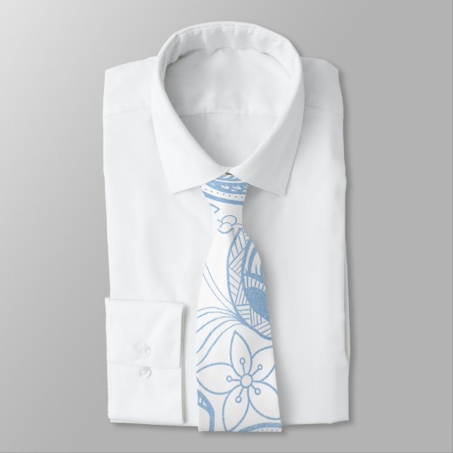 Classy Blue Glitter Paisley Floral White Pattern Neck Tie (Tied)