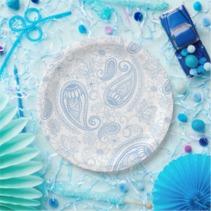 Classy Blue Glitter Paisley Floral White Pattern Paper Plates