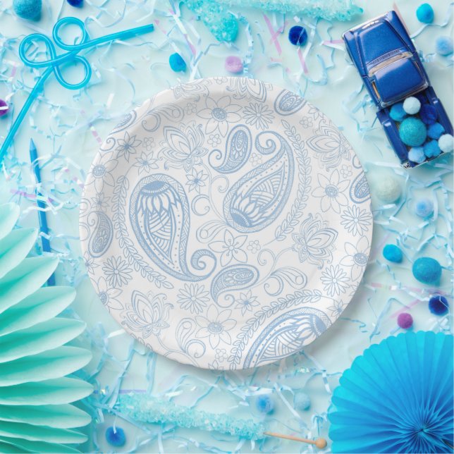 Classy Blue Glitter Paisley Floral White Pattern Paper Plates (Party)