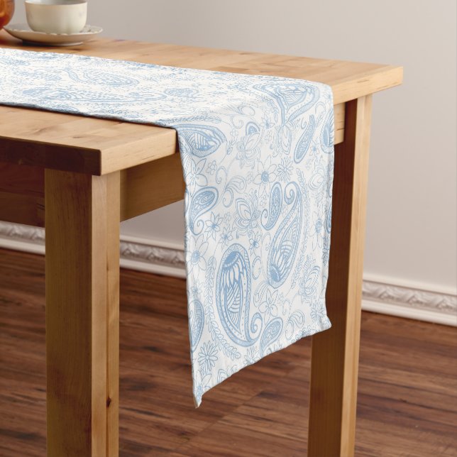 Classy Blue Glitter Paisley Floral White Pattern Short Table Runner (In Situ)