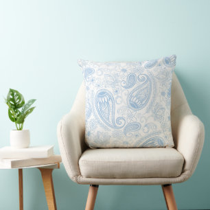 Classy Blue Glitter Paisley Floral White Pattern Throw Pillow