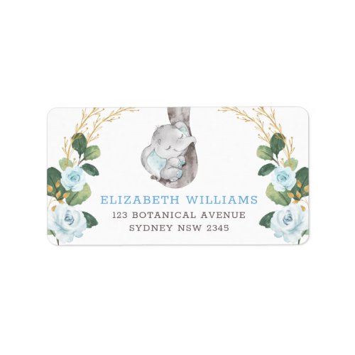 Classy Blue  Gold Elephant Baby Floral Greenery Label