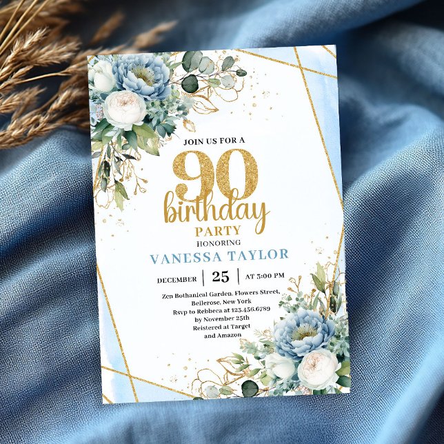 Classy Blue Gold Frame 90th Birthday Party Invite (Classy Blue Gold Frame 90th Birthday Party Invite)