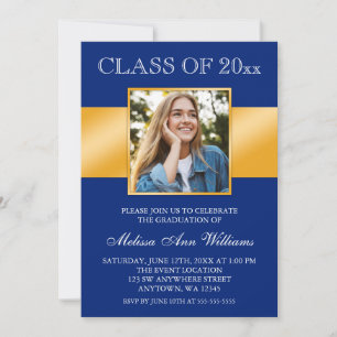 Classy Blue Gold Photo Graduation Announcement
