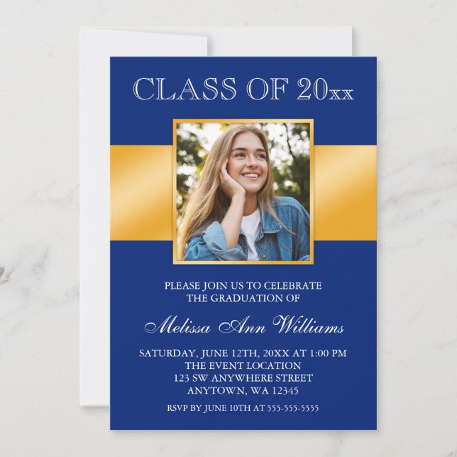 Classy Blue Gold Photo Graduation Announcement (Front)