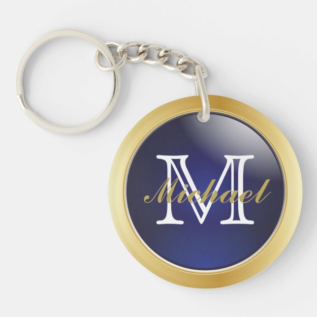 Classy Blue Gold Styled Monogram | DIY Text Keychain (Front)