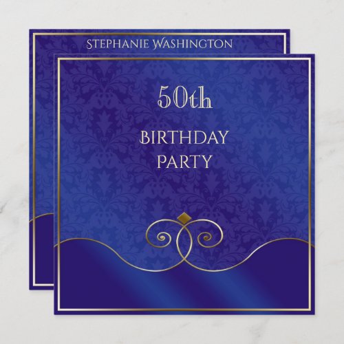 Classy Blue  Gold Swirls Damask 50th Birthday Invitation