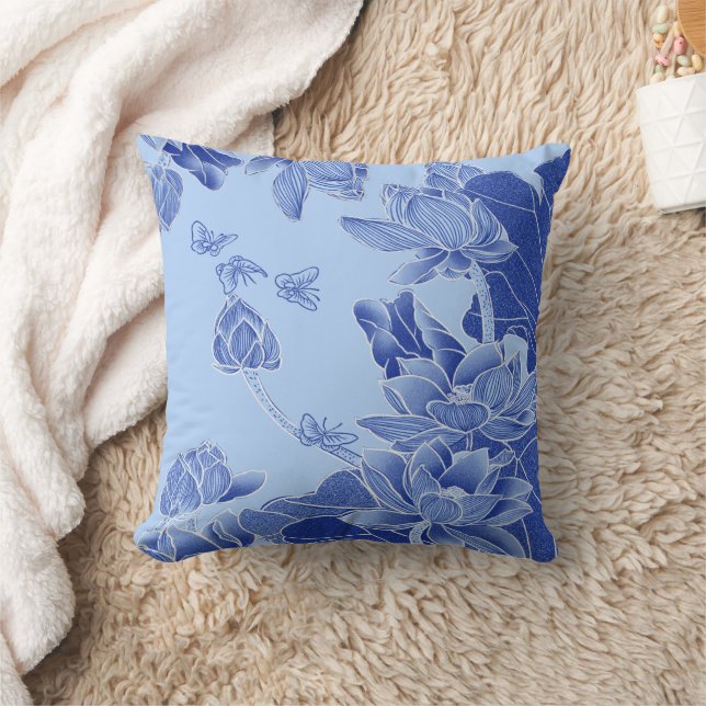 Classy Blue Modern Chinoiserie Chic Lotus Floral Throw Pillow (Blanket)
