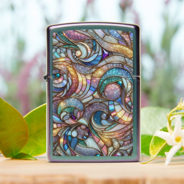 Classy Blue Pink Iridescent Mosaic Art Pattern Zippo Lighter (On Table)