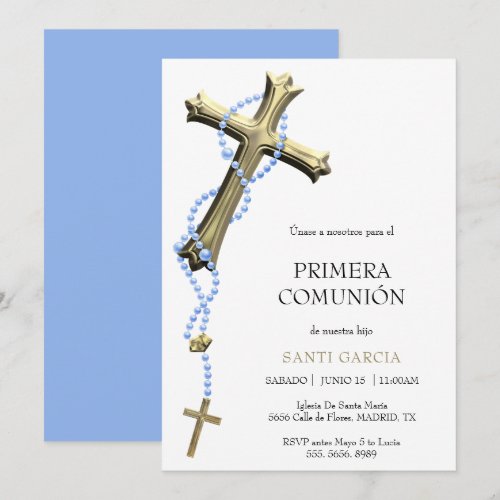 Classy Blue Rosary & Gold Cross Comunión Invitation